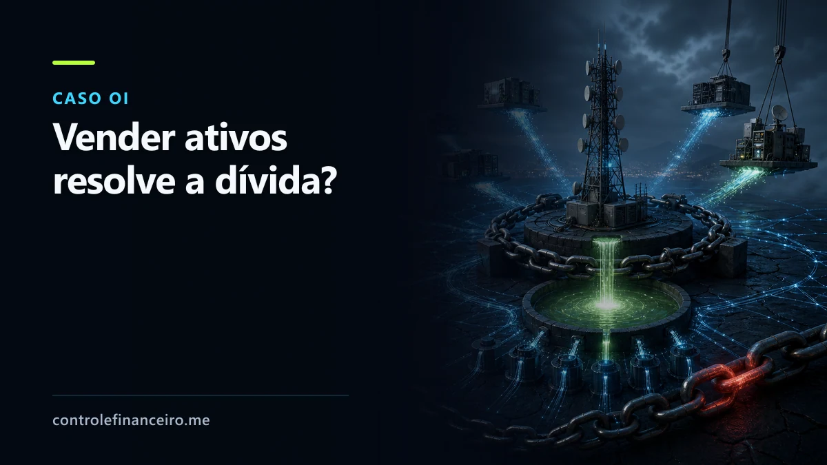 Capa do caso Oi com a chamada "Vender ativos resolve a dívida?", uma torre de telecomunicações, ativos sendo retirados e correntes representando obrigações