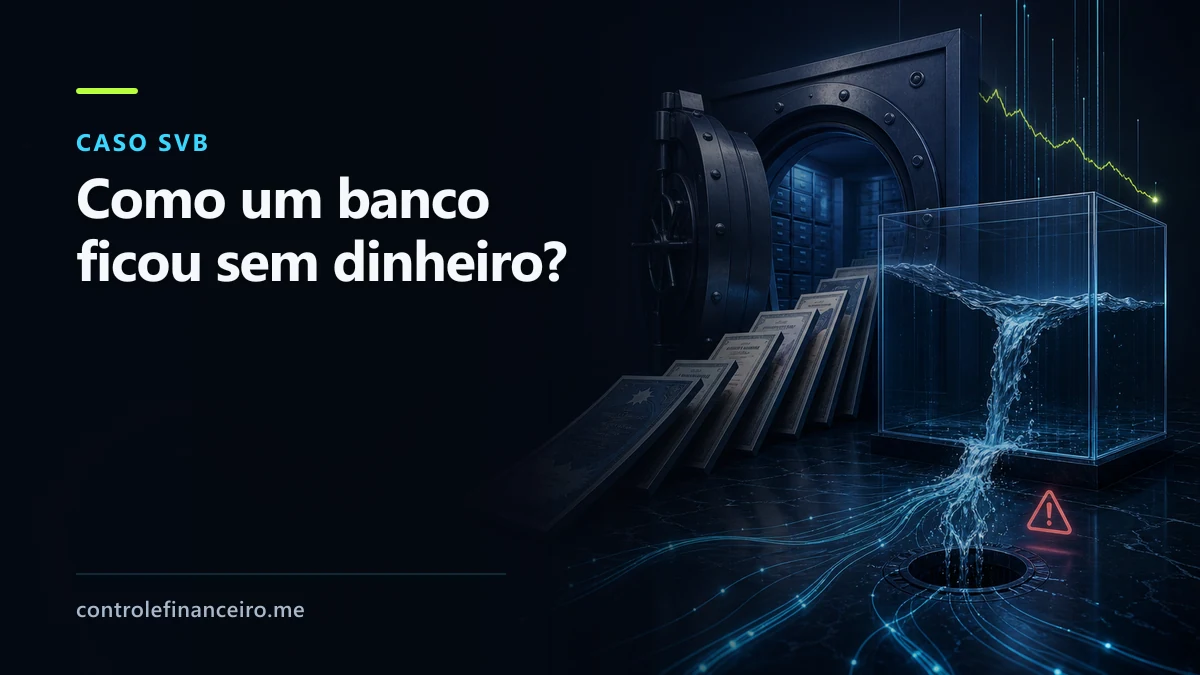 Capa do caso Silicon Valley Bank com a chamada "Como um banco ficou sem dinheiro?", um cofre aberto e uma reserva de liquidez esvaziando