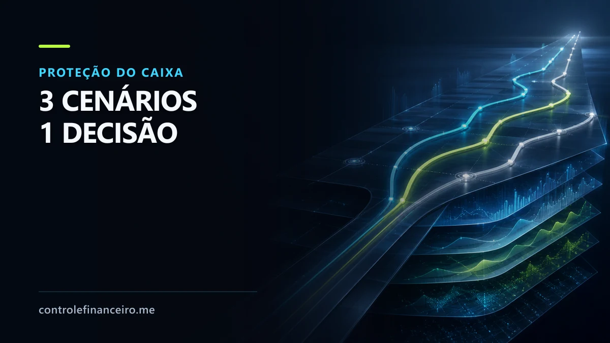 Três caminhos de projeção financeira representando cenários otimista, base e conservador