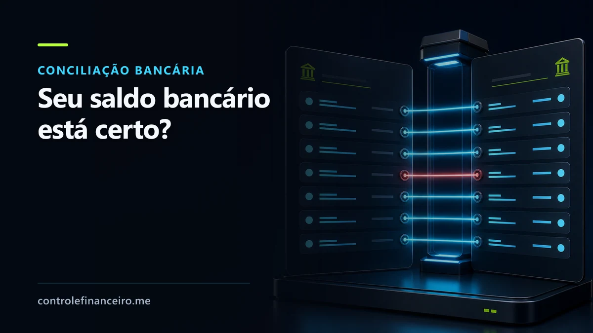 Capa sobre conciliação bancária com a chamada "Seu saldo bancário está certo?" e registros sendo comparados