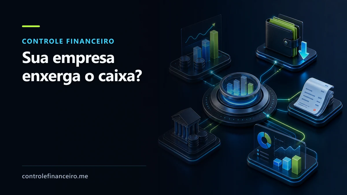 Capa sobre controle financeiro com a chamada "Sua empresa enxerga o caixa?" e um painel financeiro conectado