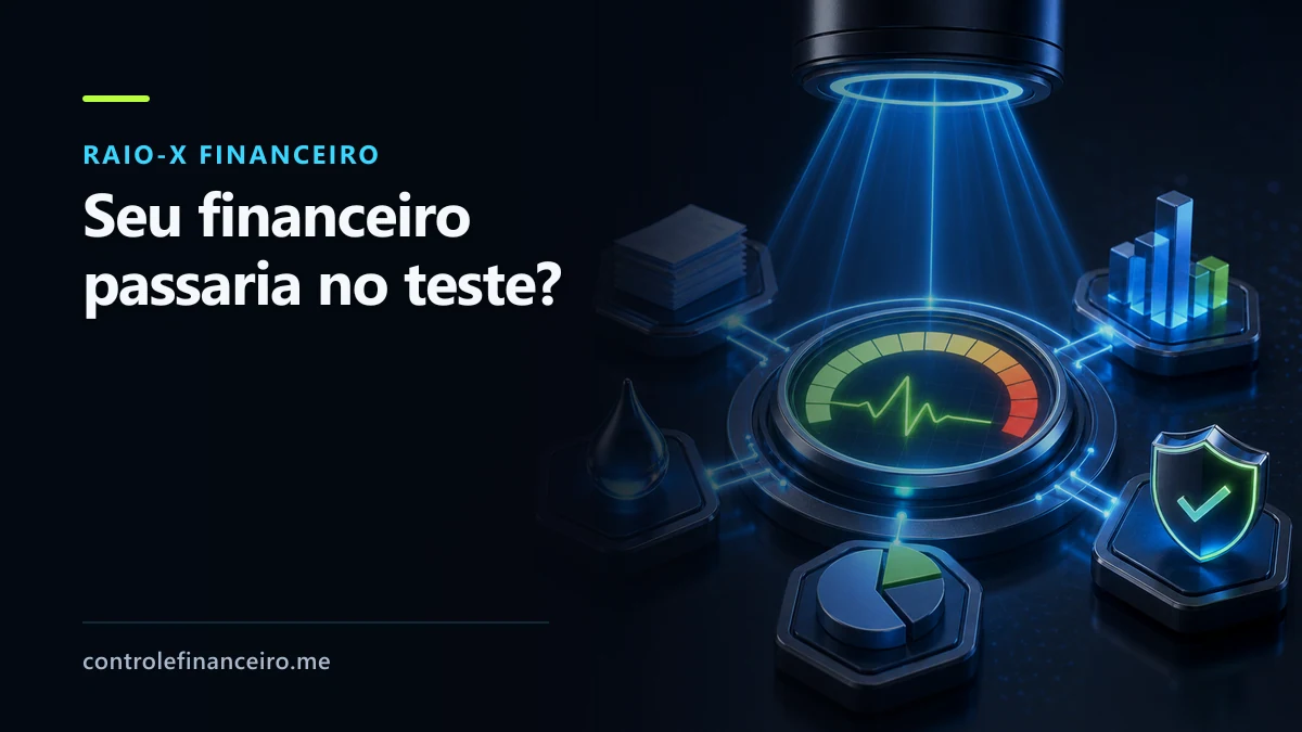 Capa de raio-X financeiro com a chamada "Seu financeiro passaria no teste?" e um scanner de indicadores