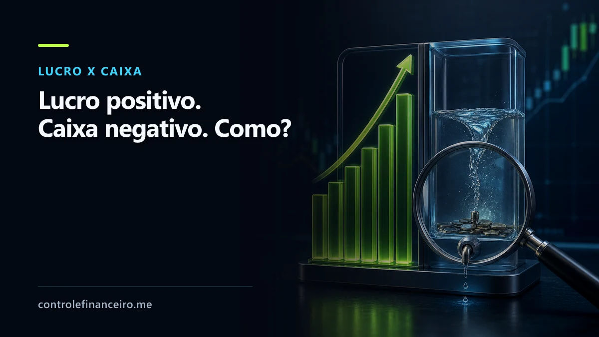 Capa sobre lucro e caixa com a chamada "Lucro positivo. Caixa negativo. Como?" e um reservatório vazio