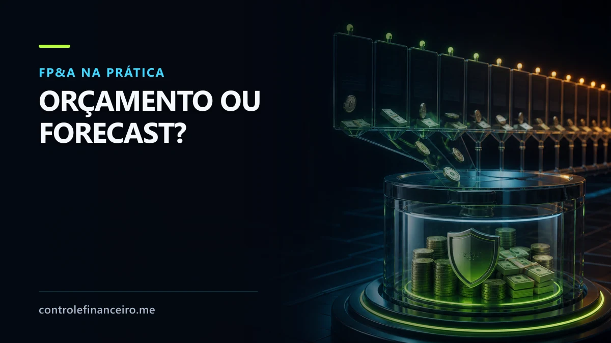 Três painéis financeiros comparando orçamento, forecast e rolling forecast