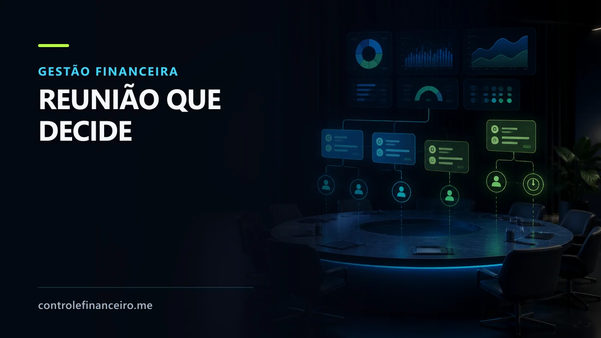 Mesa de reunião executiva com painel financeiro e cartões de decisão
