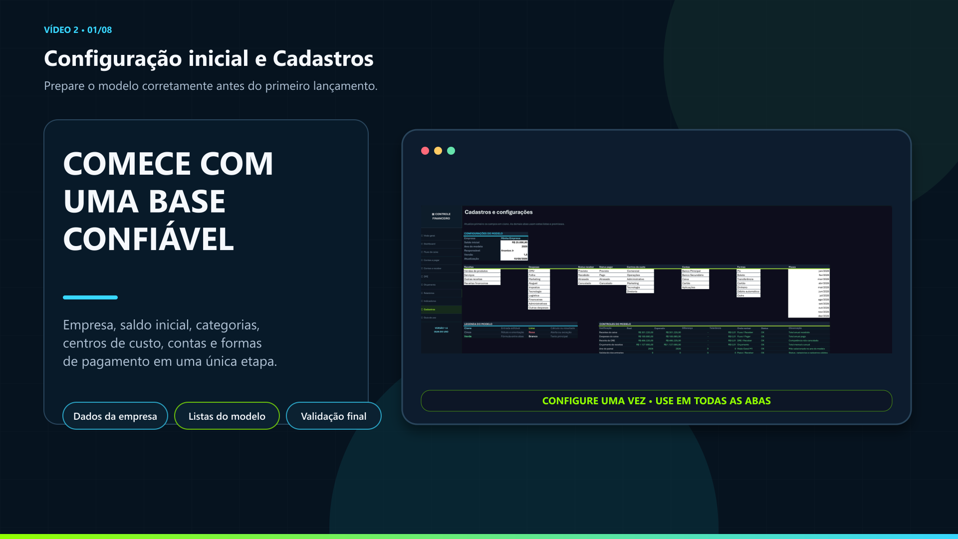 Capa do tutorial de configuração inicial e cadastros da planilha financeira