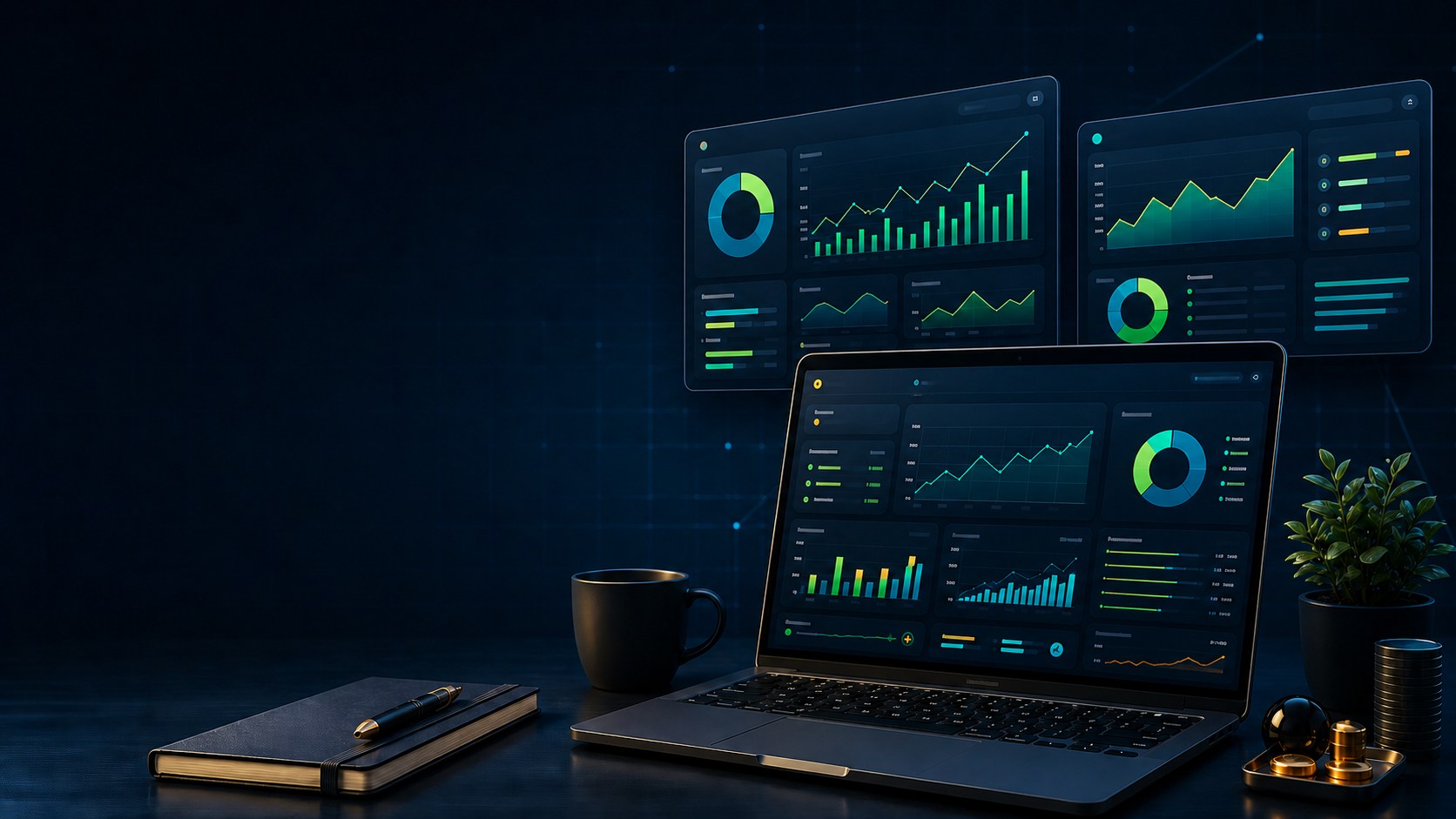 Notebook e painéis financeiros representando a série de tutoriais da Planilha de Controle Financeiro