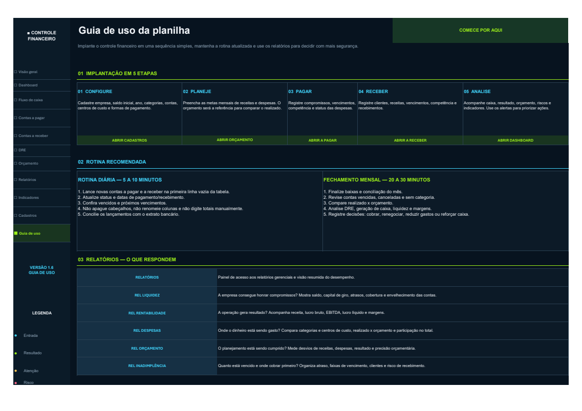 Guia de uso incluído dentro da Planilha de Controle Financeiro